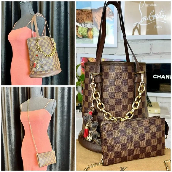 Louis Vuitton Marais Bucket Bag PM Damier Ebene & pouch crossbody wristlet NICE! - Picture 2 of 16